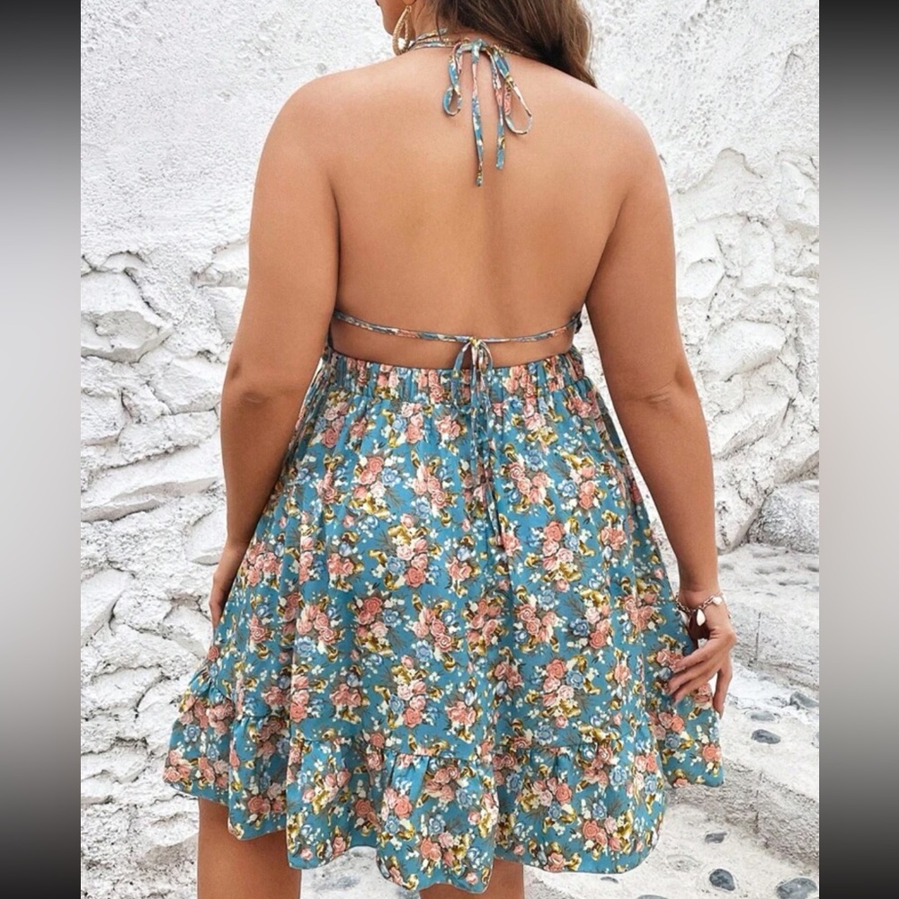 NEW SHEIN Floral Print Blue Open Back Sundress - Picture 2 of 2